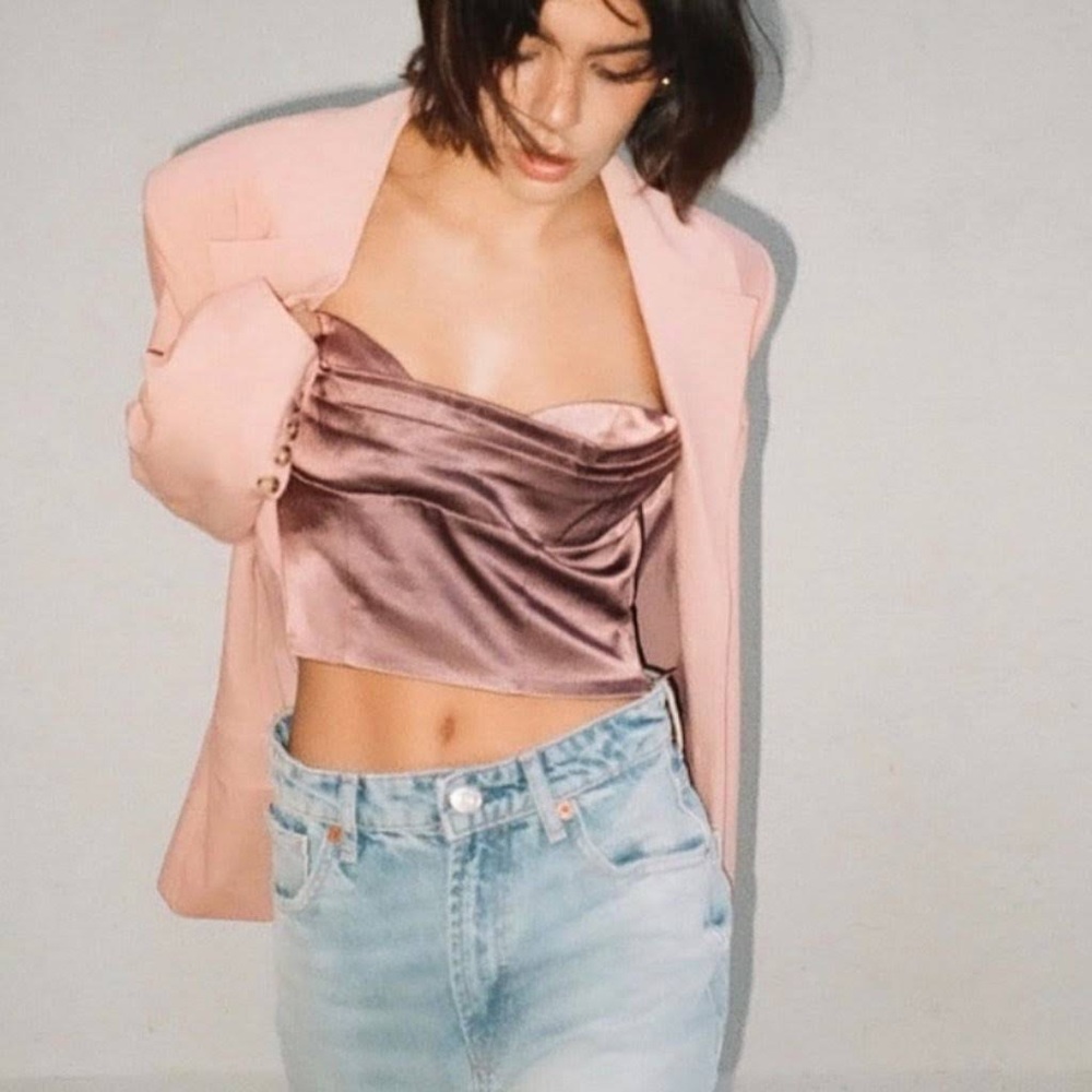 Zara satin effect crop top dark pink